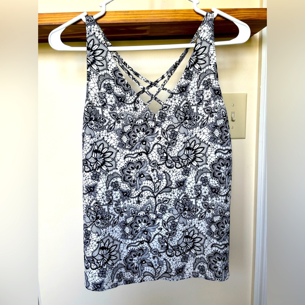 Express tank style top, size XS, black and white with cross back detail